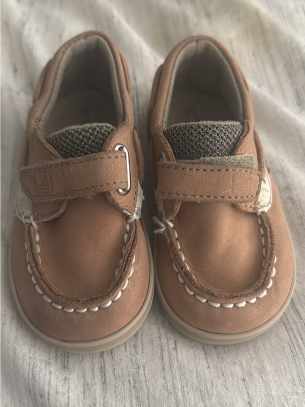 Kids Tan Sperry Slip-On Boat Shoes with Hook-and-Loop Strap